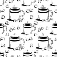 Pattern with coffee mugs and marshmallows in doodle style on a white background Vector illustration