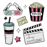 Movie theater set of elements hand-drawn line for festivals and holidays Vector illustration in the style of doodle isolated on a white background