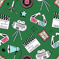 Doodle seamless pattern cinema flapping board film popcorn 3d glasses loudspeaker Vector illustration in doodle style isolated on green background