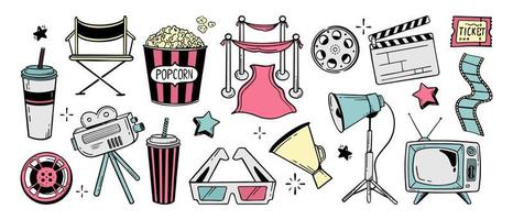Movie theater set of elements doodle line for festivals and holidays Vector illustration in the style of doodle isolated on a white background