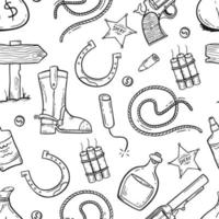 A pattern with elements of the wild West in the doodle style on a white background Vector illustration