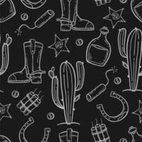 A pattern with elements of the wild West in the doodle style on a black background Vector illustration