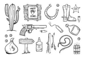 Wild West set Hand-drawn in doodle style Good for printing Symbol of Western Concept Isolated vector illustration