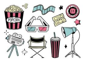Movie theater set of elements doodle line for festivals and holidays Vector illustration in the style of doodle isolated on a white background