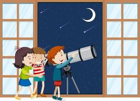 los niños observan el cielo nocturno con telescopio vector