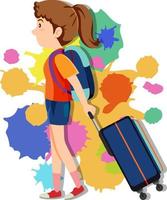 Girl pulling luggage on colorful background vector