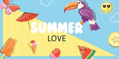 banner horizontal de amor de verano, diseño plano vector