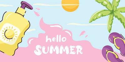 banner horizontal de hola verano, diseño plano vector