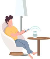 Man in armchair using wireless cell phone charger semi flat color vector character