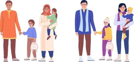People with children waiting for evacuation semi flat color vector character set
