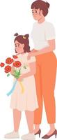 Sad girl holding bouquet with mother semi flat color vector characters