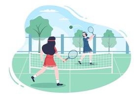 Tennis Player with Racket in Hand and Ball on Court. People doing Sports Match in Flat Cartoon Illustration vector