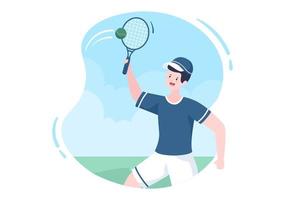 tenista con raqueta en mano y pelota en la cancha. gente haciendo partidos deportivos en ilustración de dibujos animados plana vector