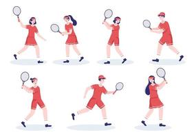 Tennis Player with Racket in Hand and Ball on Court. People doing Sports Match in Flat Cartoon Illustration vector