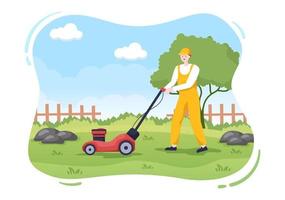 cortadora de césped cortando hierba verde, recortando y cuidando en la página o en el jardín en una ilustración plana de dibujos animados vector