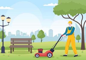 Lawn Mower Cutting Green Grass, Trimming and Care on Page or Garden in Flat Cartoon Illustration vector