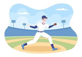 el jugador de béisbol se divierte lanzando, atrapando o golpeando una pelota con bates y guantes usando uniforme en el estadio de la cancha en una ilustración plana de dibujos animados