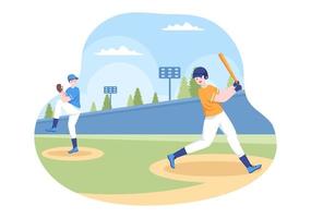 el jugador de béisbol se divierte lanzando, atrapando o golpeando una pelota con bates y guantes usando uniforme en el estadio de la cancha en una ilustración plana de dibujos animados vector