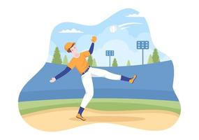 el jugador de béisbol se divierte lanzando, atrapando o golpeando una pelota con bates y guantes usando uniforme en el estadio de la cancha en una ilustración plana de dibujos animados vector