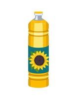 Bottle of sunflower vegetable oil. Plastic transparent packaging with yellow cooking liquid. Source of vitamins, dressing for salads and pastries. Vector flat illustration