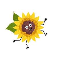 Sunflower character with happy emotion, joyful face, smile eyes, arms and legs. Plant person with funny expression, yellow sun flower emoticon. Vector flat illustration