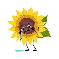 personaje de girasol con emoción de llanto y lágrimas, cara triste, ojos depresivos, brazos y piernas. planta persona con expresión melancólica, emoticono de flor de sol amarillo. ilustración plana vectorial vector
