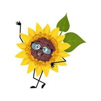 Sunflower character with glasses and happy emotion, face, smile eyes, arms and legs. Plant person with funny expression, yellow sun flower emoticon. Vector flat illustration