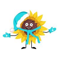 personaje de girasol con sombrero de santa con emoción feliz, cara alegre, ojos sonrientes, brazos y piernas. planta persona con expresión, emoticono de flor de sol amarillo. ilustración plana vectorial vector