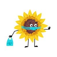 Sunflower character with face in medical mask and keep distance, hands with shopping bag and stop gesture. Plant person with care expression, yellow sun flower emoticon. Vector flat illustration