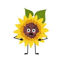 Sunflower character with angry emotions, grumpy face, furious eyes, arms and legs. Plant person with irritated expression, yellow sun flower emoticon. Vector flat illustration