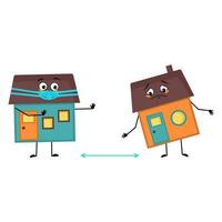 Cute house character with face in medical mask keep distance, arms and legs. Building man with care expression, funny cottage. Vector flat illustration