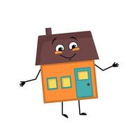 Cute house character with happy emotions, joyful face, smile eyes, arms and legs. Building man with funny expression, funny cottage. Vector flat illustration