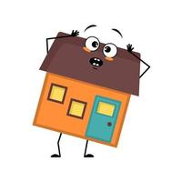 Cute house character with panic emotions, surprised face, shocked eyes, arms and legs. Building man with scared expression, funny cottage. Vector flat illustration