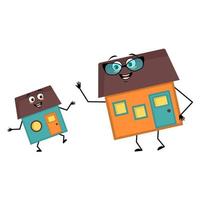 Cute house character with glasses and grandson dancing character with happy emotion, face, smile eyes, arms and legs. Building man with funny expression, funny cottage. Vector flat illustration
