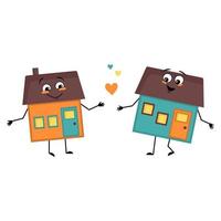 Cute house character with love emotions, smile face, arms and legs. Building man with funny expression, funny cottage. Vector flat illustration