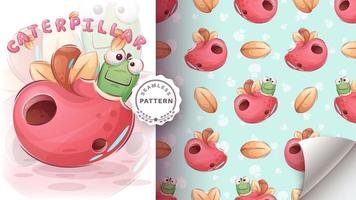 personaje de dibujos animados gusano divertido en manzana - patrón sin costuras vector