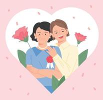 Mother's Day Daughter is smiling with her mother. A picture in a heart-shaped frame. vector