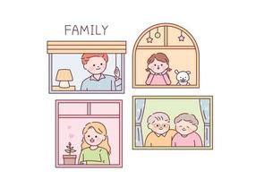 el abuelo, la abuela, el papá, la mamá, la pequeña hija y el perro miran desde las ventanas vector