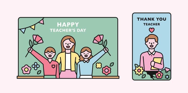 teacher's day. Happy teacher with children giving flowers to teacher in front of blackboard.