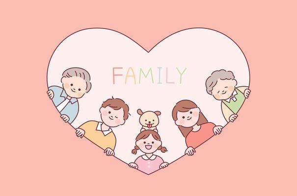 Grandfather, grandmother, dad, mom, daughter and dog smiling with their faces behind a heart frame.