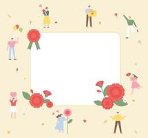 Many people have fun holding carnations around a large message card. vector