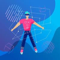 Virtual reality concept. Enthusiastic young man wears VR headset, virtual reality goggles, glasses. Future technology. Abstract vr world with different objects. Vector flat illustration of flying guy.