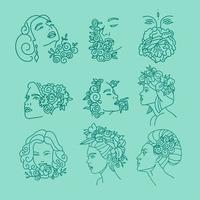 Women Faces with Flowers on head Continuous Line Drawing Set. Women with Floral hairs One Line Abstract Portrait. Female Faces Minimalist Contour hand drawn vector Drawing.