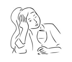 Female alcoholism concept. A sad girl sits with a glass of wine in her hand. Vector illustration in sketch style.