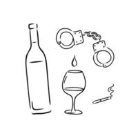 Alcoholism icon set. Vector illustration of a bottle of wine, a glass, a smoking cigarette and handcuffs in sketch style. Concept on the theme of alcoholism