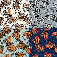 patrón impecable con mariposas y flores al estilo popular. fondo de pantalla sin fin de mariposa. conjunto de estampado de insectos voladores en diferentes colores. motivo de folclore animal. diseño para tela, textil, envoltura vector