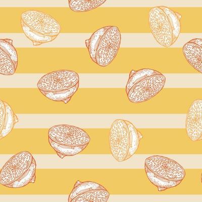 Seamless pattern lemon half engraving. Vintage background of citrus fruits in hand drawn style.