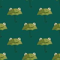 Seamless pattern cute frog umbrella. Background of funny accessory shape head toad in doodle style. vector