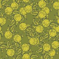 Seamless pattern engraved lemon on twig with leaves. Vintage background citrus fruit on branch in hand drawn style. vector