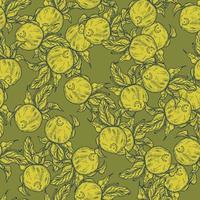 Seamless pattern engraved lemon on twig with leaves. Vintage background citrus fruit on branch in hand drawn style. vector